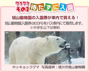 ワクワクその2　待たずに入園　旭山動物園の入園券が車内で買える！　旭山動物園入園券（800円）をバス車内にて販売します。※中学生以下は無料